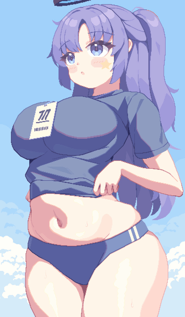 1girls, animated, belly button, big breasts, blue archive, blue sky, breasts, chubby, clothed, clothing, female, female only, light skin, light-skinned female, millennium science school student, outdoors, piaomao, pixel art, seminar (blue archive), sky, solo, sweat, yuuka (blue archive), yuuka (gym uniform) (blue archive)