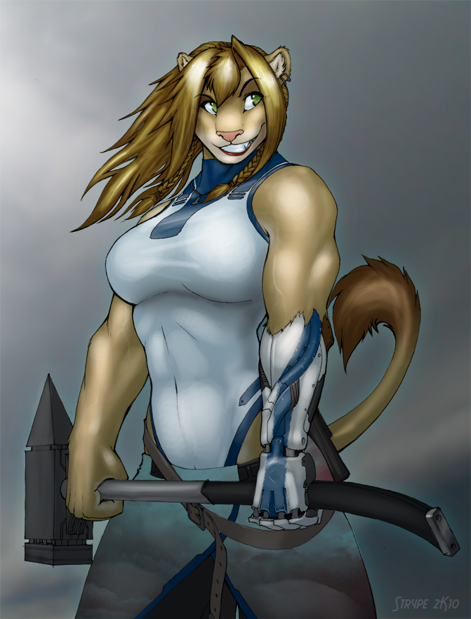 abs braids breasts cyborg feline female furry green_eyes hammer muscles muscular_female smirk solo strype