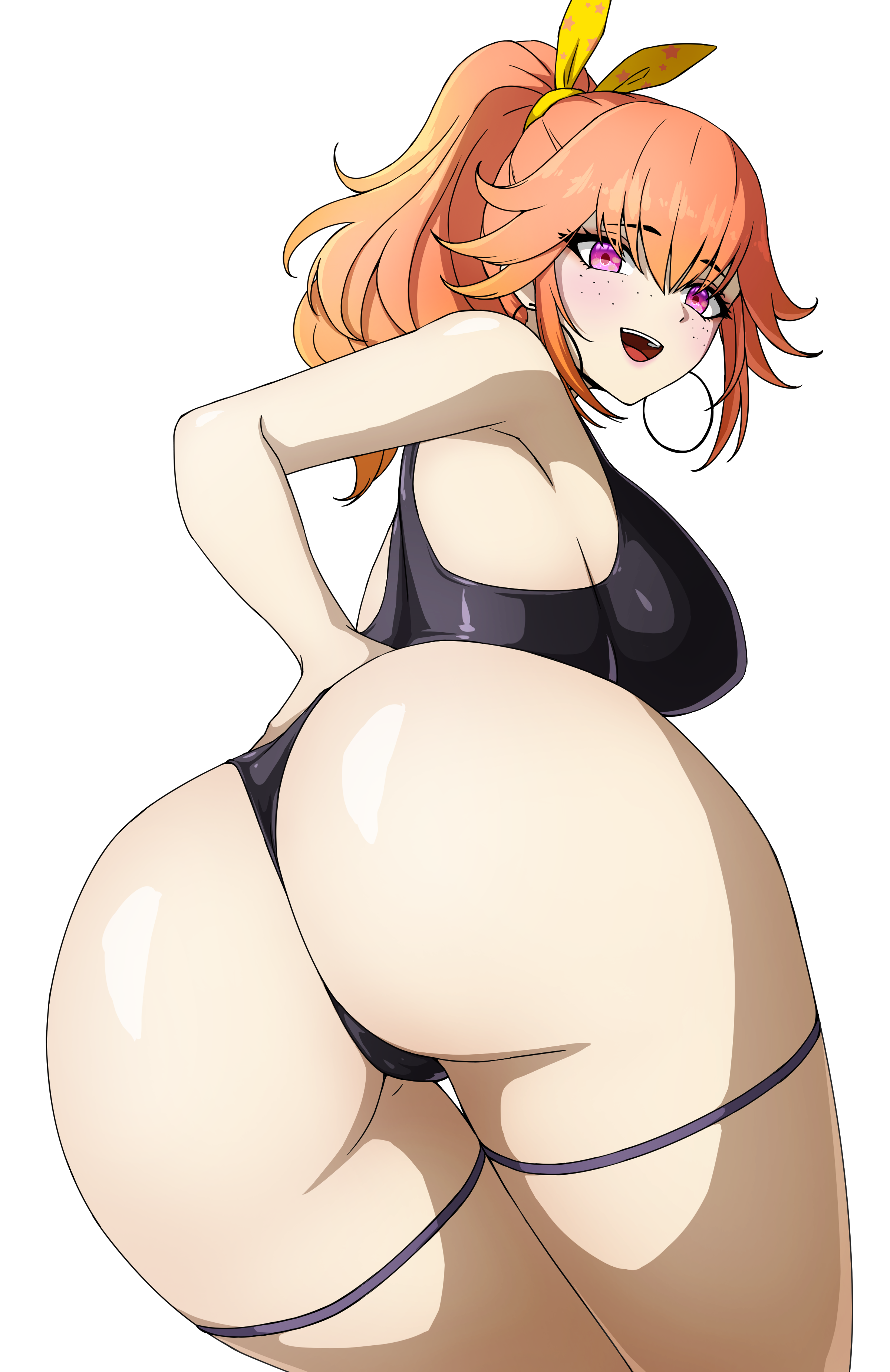 1girls, absurdres, ass, ass focus, back, black leotard, blush, breasts, daydarion (artist), dayyo (daydarion/day-chan), female, female only, freckles, from behind, highres, hololive, hololive english, hololive myth, huge ass, jewelry, large breasts, leotard, light skin, light-skinned female, looking back, official alternate costume, open mouth, orange hair, presenting ass, purple eyes, simple background, smile, solo, takanashi kiara, takanashi kiara (fever night), thick thighs, thighs, virtual youtuber, white background