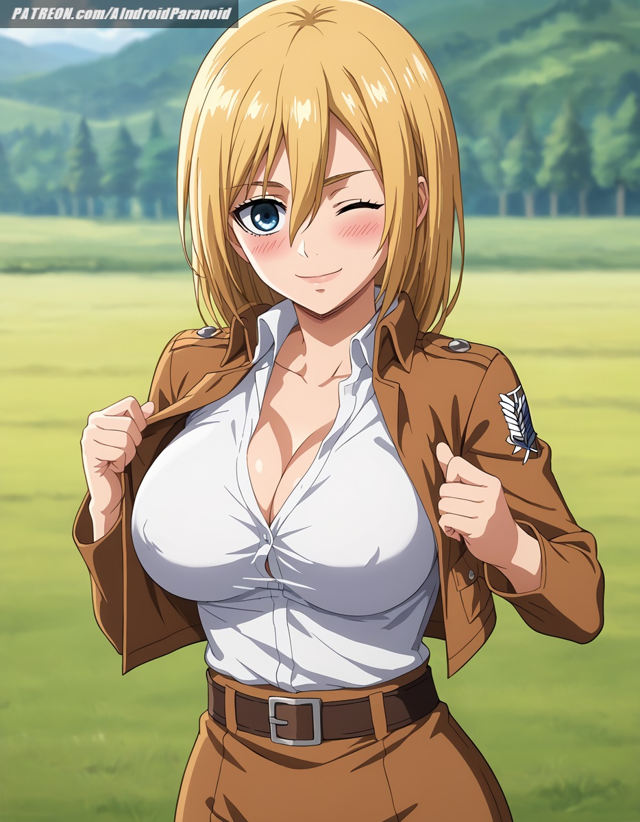 ai_generated aindroidparanoid attack_on_titan belt big_breasts blonde_hair blue_eyes blush busty christa_lenz cleavage covered_nipples cute female female_only field historia_reiss huge_breasts jacket large_breasts narrow_waist nipples outdoors shingeki_no_kyojin shirt short_hair stable_diffusion straight_hair tight_clothing