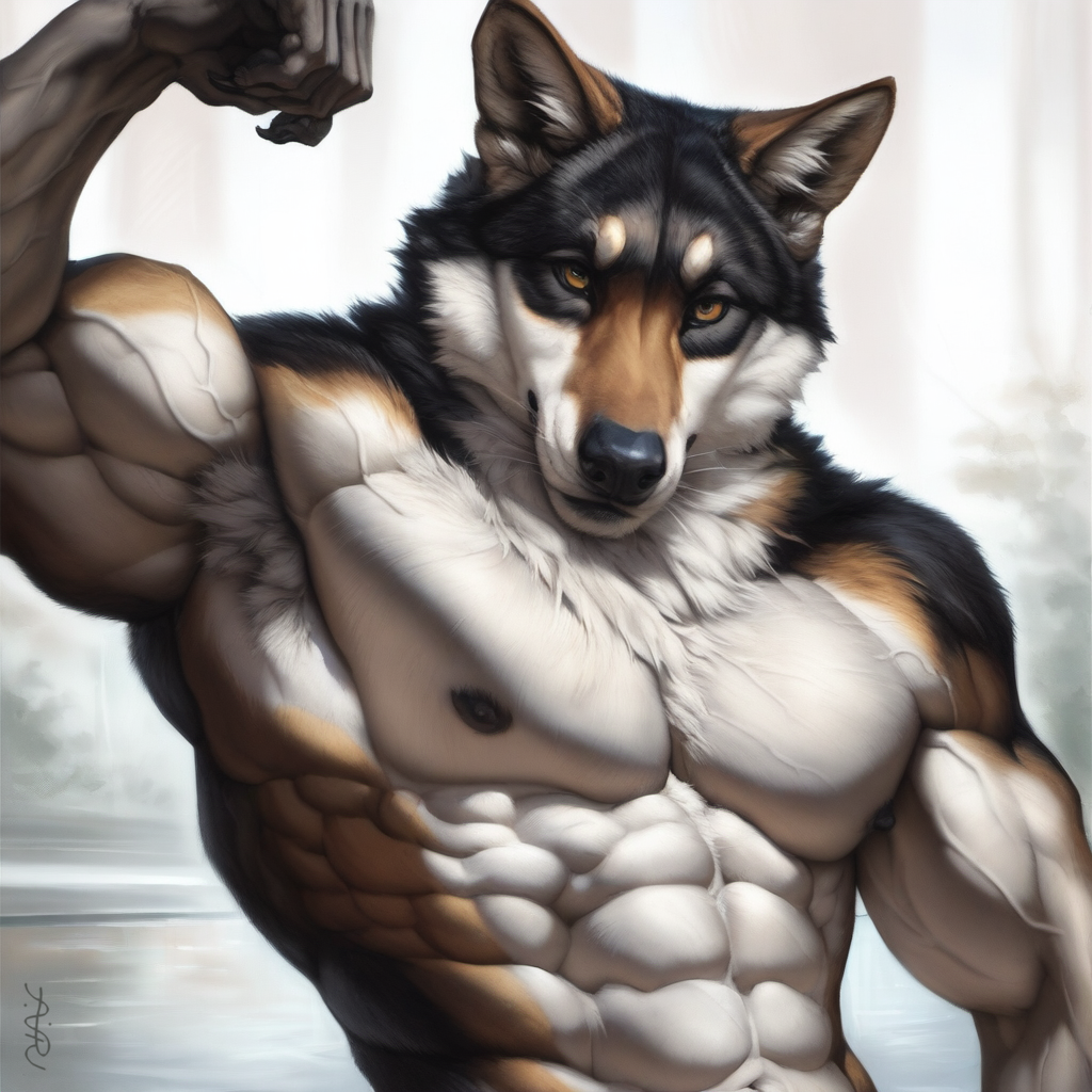 1boy 2024 abs ai_generated anthro avaru black_fur black_nose brown_fur canid canine canis grey_body grey_fur humanoid male male_focus male_only mammal muscular muscular_male navel nipples seductive solo white_body white_fur wolf