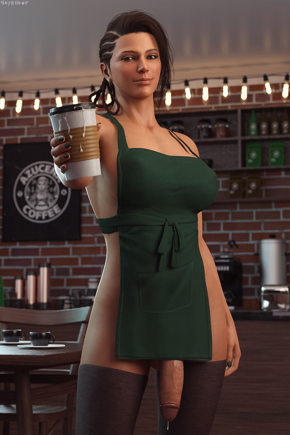 1futa 3d 3d_(artwork) 3d_model 3d_render 3dcg 3dx apron apron_only azucena_milagros_ortiz_castillo coffee_cup coffee_shop dripping_cum futanari holding_cup holding_object looking_at_viewer skykliker smiling_at_viewer solo solo_focus solo_futa stockings tekken tekken_8 thighhighs veiny_penis