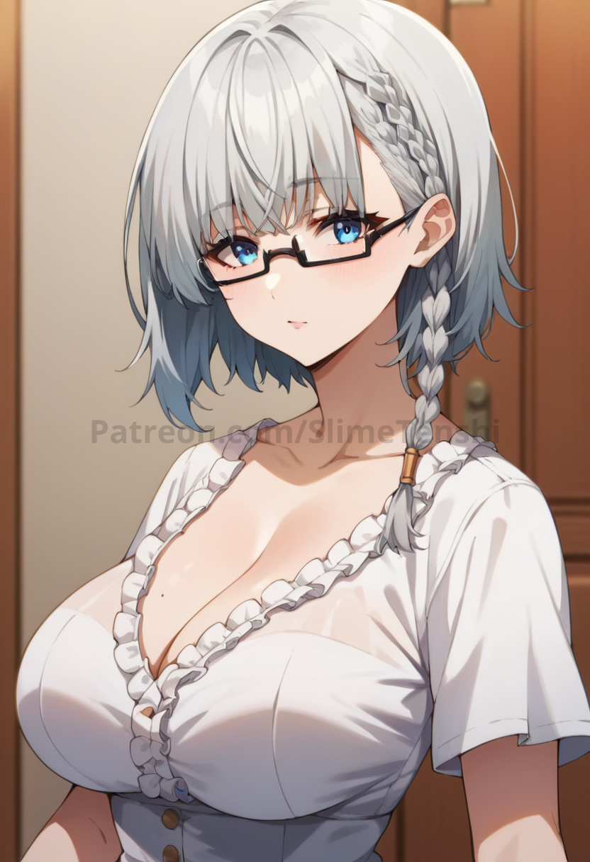 ai_generated beta_(the_eminence_in_shadow) big_breasts blue_eyes braid braided_hair breasts cleavage glasses kage_no_jitsuryokusha_ni_naritakute! looking_at_viewer no_bra short_hair slimetenshi the_eminence_in_shadow white_hair