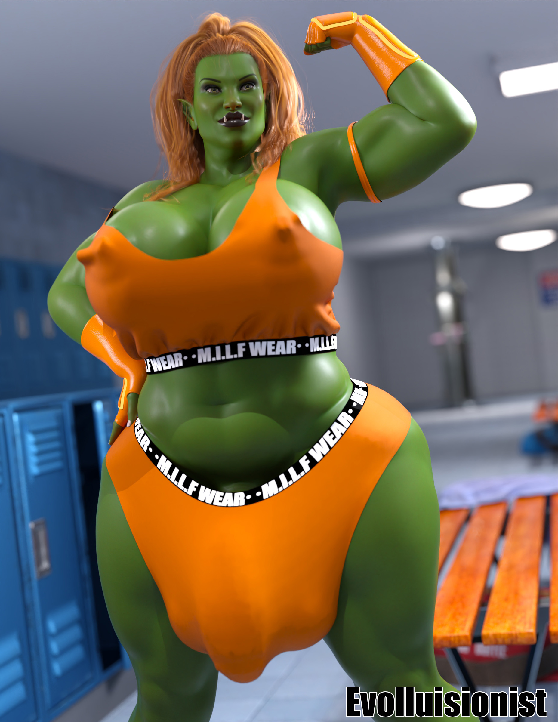 1futa, 3d, big breasts, breasts, bulge, bulge through clothing, erect nipples, evolluisionist, flexing, futanari, green skin, huge breasts, huge bulge, huge cock, locker room, mature futa, milf, nipple bulge, orc, orc futa, solo, underwear, voluptuous, voluptuous futa