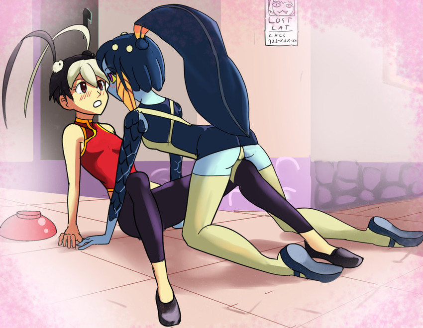 2girls all_fours animal_on_head ass bangs bird bird_on_head black_hair blue_skin blunt_bangs cameo capri_pants chinese_clothes cowgirl_position fallen_down female feng_(skullgirls) fish_girl flat_chest flats head_fins minette_(skullgirls) monster_girl multicolored_hair multiple_girls nadia_fortune panties pantyshot pink_eyes scales short_hair skullgirls thighhighs two_tone_hair underwear vambraces waitress white_hair white_legwear wulfsaga yellow_sclera yuri