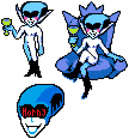 accurate_art_style blush deltarune deltarune_chapter_2 drunk justst3ven nude pixel_art queen_(deltarune) sitting smile tagme throne white_background