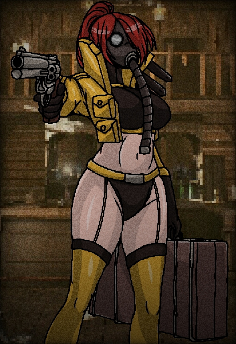 1girls female gas_mask kawodeda pistol red_hair thick_ass thick_legs thick_thighs