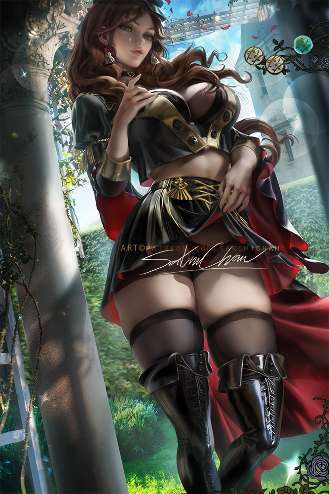 1girls, big breasts, breasts, brown hair, cleavage, dorothea arnault, female, female only, fire emblem, fire emblem: three houses, garreg mach monastery uniform, green eyes, large breasts, long hair, looking at viewer, pinup, sakimichan, smile, solo, solo female, thighhighs, undressing