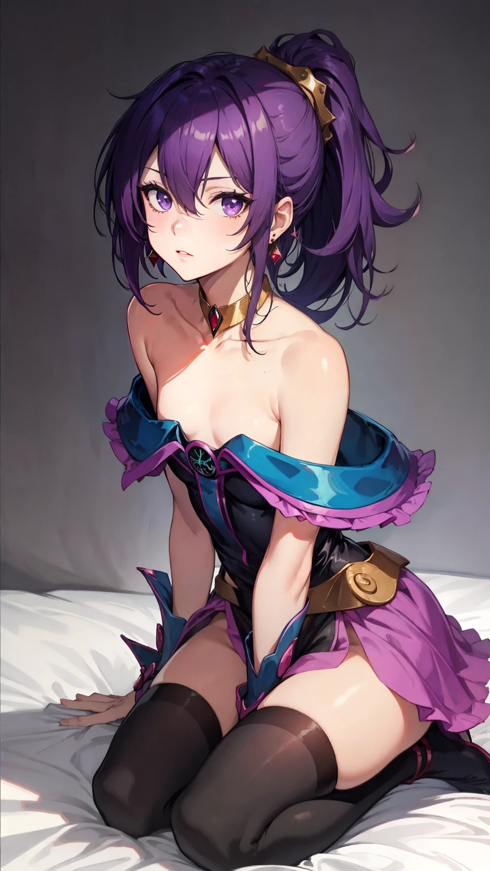 ai_generated dark_magician_girl_(cosplay) femboy nick_(original_character) off_shoulder on_knees ponytail solo thighhighs trap