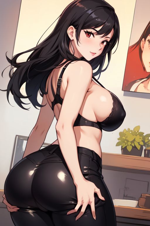 ai_generated big_ass big_breasts black_hair bra breasts final_fantasy gripping_ass holding_ass long_hair looking_at_viewer looking_back mythrafan65 nintendo sideboob tifa_lockhart tight_clothing