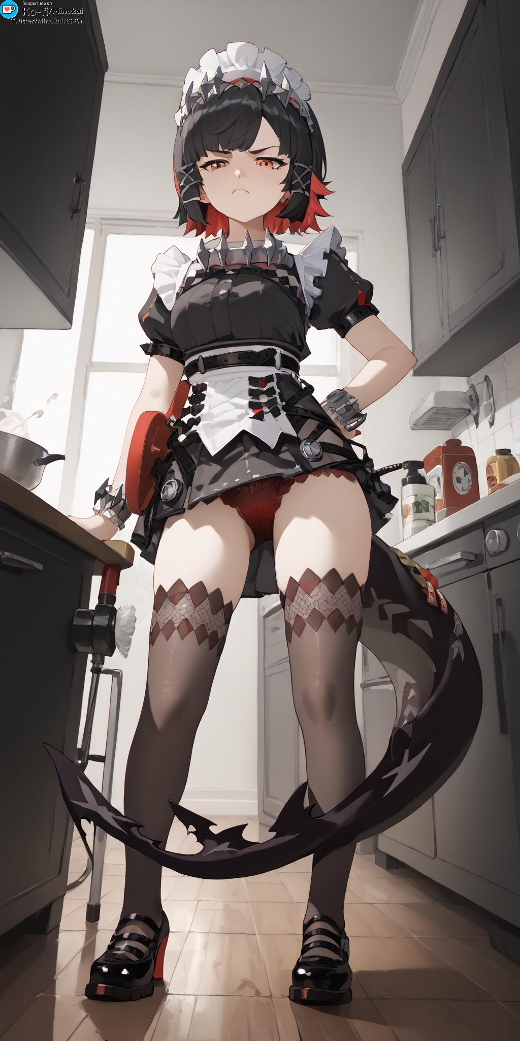 ai_generated black_thighhighs disgusted_expression ellen_joe female hoyoverse kitchen maid maid_headdress maid_uniform minokai red_and_black_hair red_eyes shark_tail short_hair zenless_zone_zero