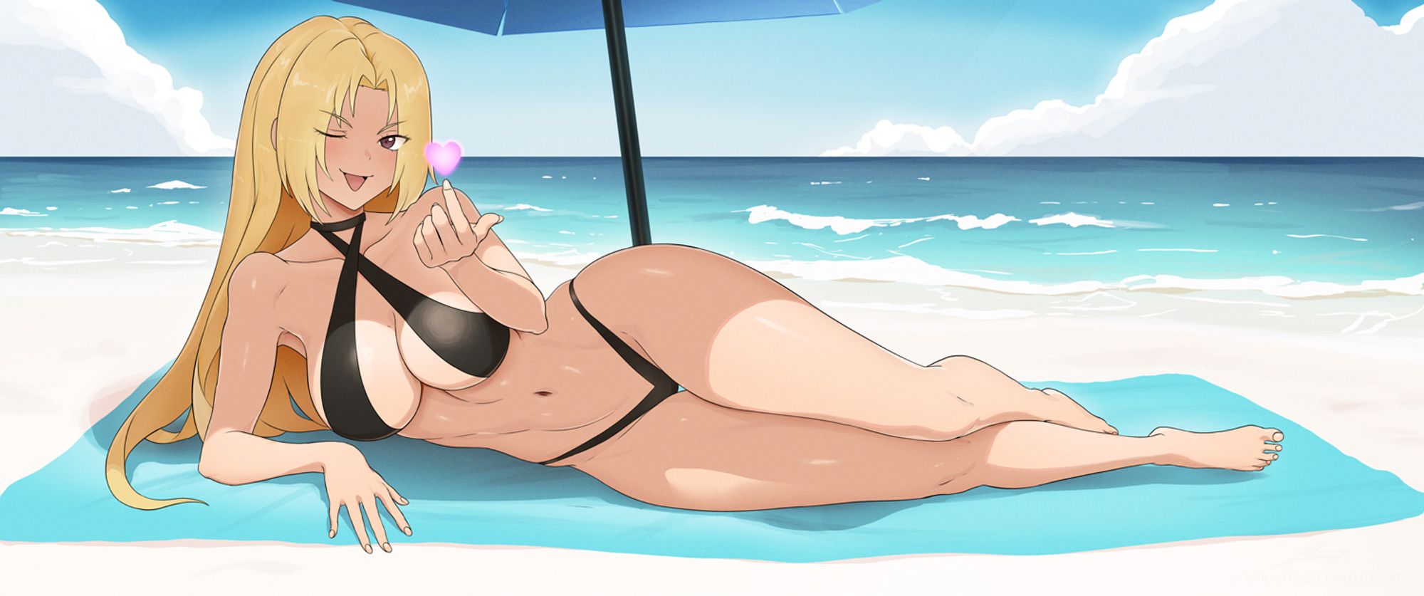 1girls, 2d, beach, belly, bikini, black bikini, blanket, blonde female, blonde hair, blonde-haired female, breasts, clouds, female, female only, heart, heart symbol, jujutsu kaisen, large breasts, light skin, light-skinned female, long hair, looking at viewer, navel, outside, pinup, pose, sand, shade, slim waist, solo, suggestive gesture, swimsuit, swimwear, thighs, tongue, tongue out, umbrella, water, wide hips, wink, winking, winking at viewer, yuki tsukumo