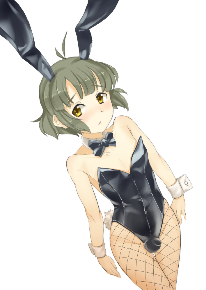 1boy akizuki_ryou androgynous animal_ears antenna_hair balls_in_bunnysuit blush bob_cut bow bowtie brown_hair bulge bunny_boy bunny_ears bunny_tail bunnysuit bunnysuit_bulge collar crossdressing cuffs cute_male detached_collar dutch_angle fake_animal_ears fake_tail femboy feminine_male fishnet fishnet_pantyhose fishnet_stockings fishnets girly green_hair idolmaster idolmaster_dearly_stars leotard looking_at_viewer male male_focus male_only male_playboy_bunny namidate open_mouth pantyhose penis penis_in_bunnysuit playboy_bunny rabbit_ears rabbit_tail ryou_akizuki short_hair simple_background solo tail testicles trap white_background wrist_cuffs yellow_eyes