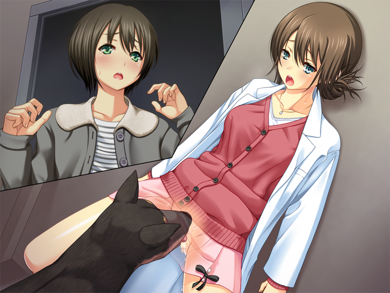 2girls against_wall blush canine clothed_female clothed_sex cunnilingus cunnilingus_from_canine cyclet dominant_feral female_human/male_feral female_on_feral femsub feral fur game_cg hyper_heiki indoors interspecies kankyuu_goujuu maledom multiple_girls oral shinonome_mari souma_eimi spread_legs standing standing_sex walk-in white_coat zoophilia