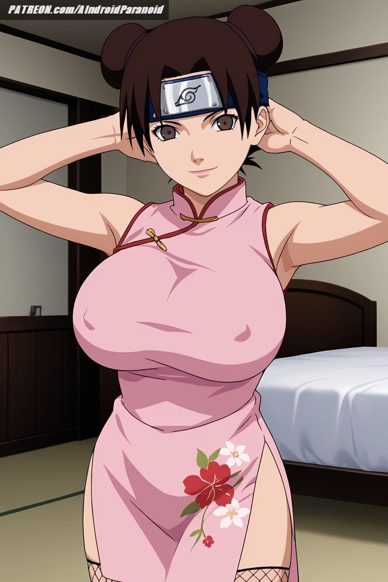 ai_generated aindroidparanoid arms_behind_head bedroom big_breasts boruto:_naruto_next_generations buns busty cheongsam china_dress covered_nipples curvy curvy_figure female female_only fishnets hand_on_head huge_breasts indoors large_breasts naruto naruto_(classic) naruto_(series) naruto_shippuden ninja nipples shinobi short_hair stable_diffusion tenten voluptuous