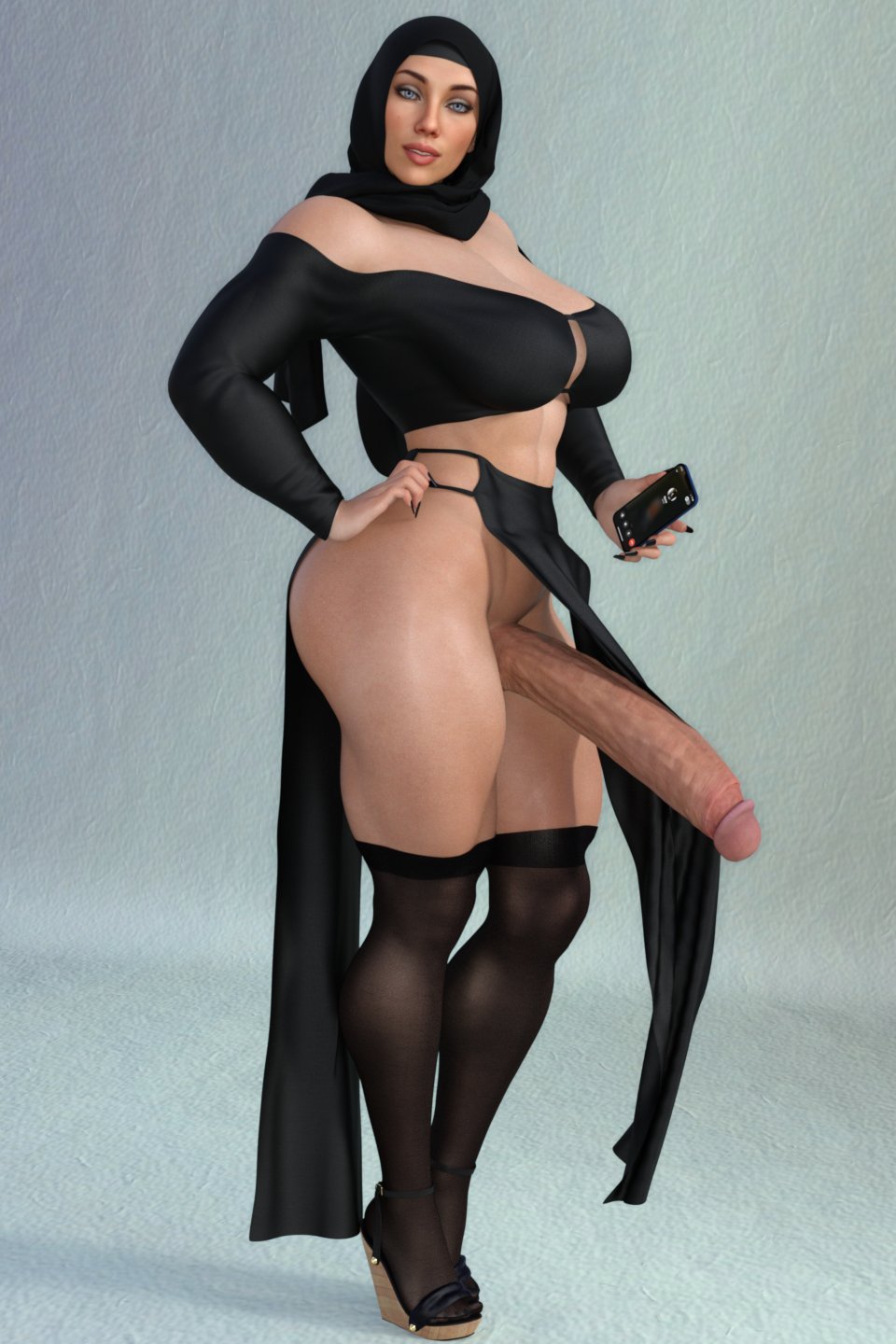 3d black_nails cleavage futa_only futanari high_heels hijab hung_futanari long_nails madlad_art madladarts madz scarlett_johansson stockings thick_thighs