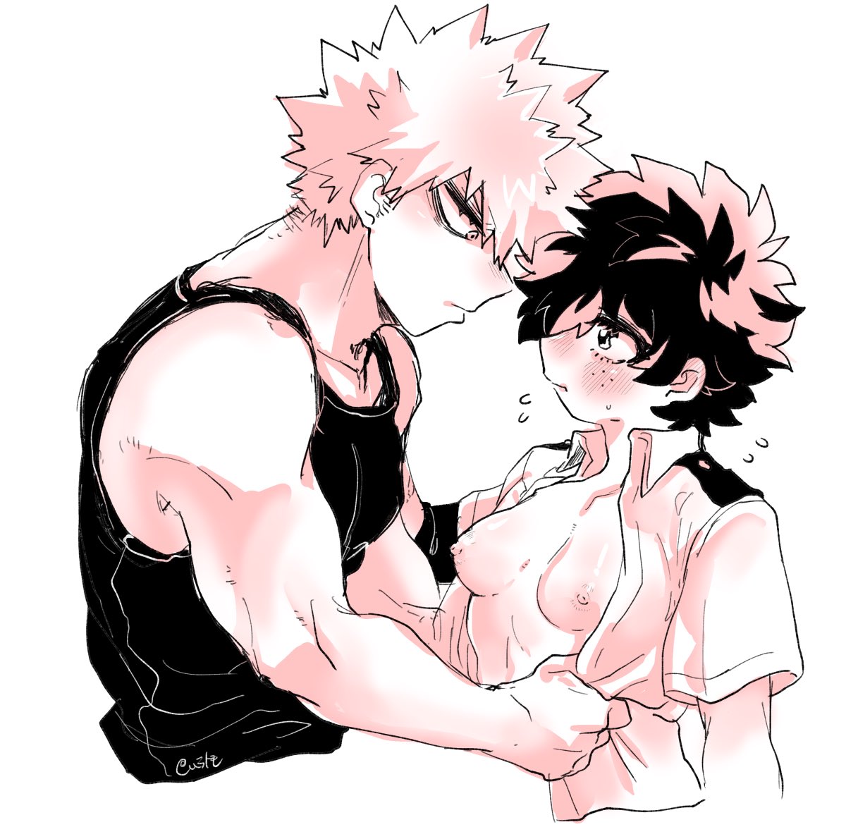 1boy 1girls bakugou_katsuki breasts female female_deku genderswap_(mtf) izuku_midoriya katsuki_bakugou looking_at_breasts male male/female midoriya_izuku mrtm0102 my_hero_academia open_clothes open_shirt rule_63 small_breasts spiky_hair taking_clothes_off tank_top undressing undressing_another