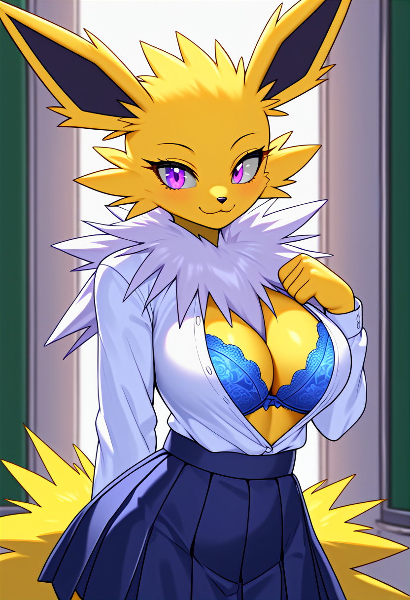 ai_generated big_breasts blue_bra blue_skirt breasts cleavage eeveelution female female_focus female_only furry jolteon kemonogirls large_breasts nintendo pleated_skirt pokemon pokemon_(species) purple_eyes school_uniform solo two_tone_body two_tone_fur white_fur yellow_fur