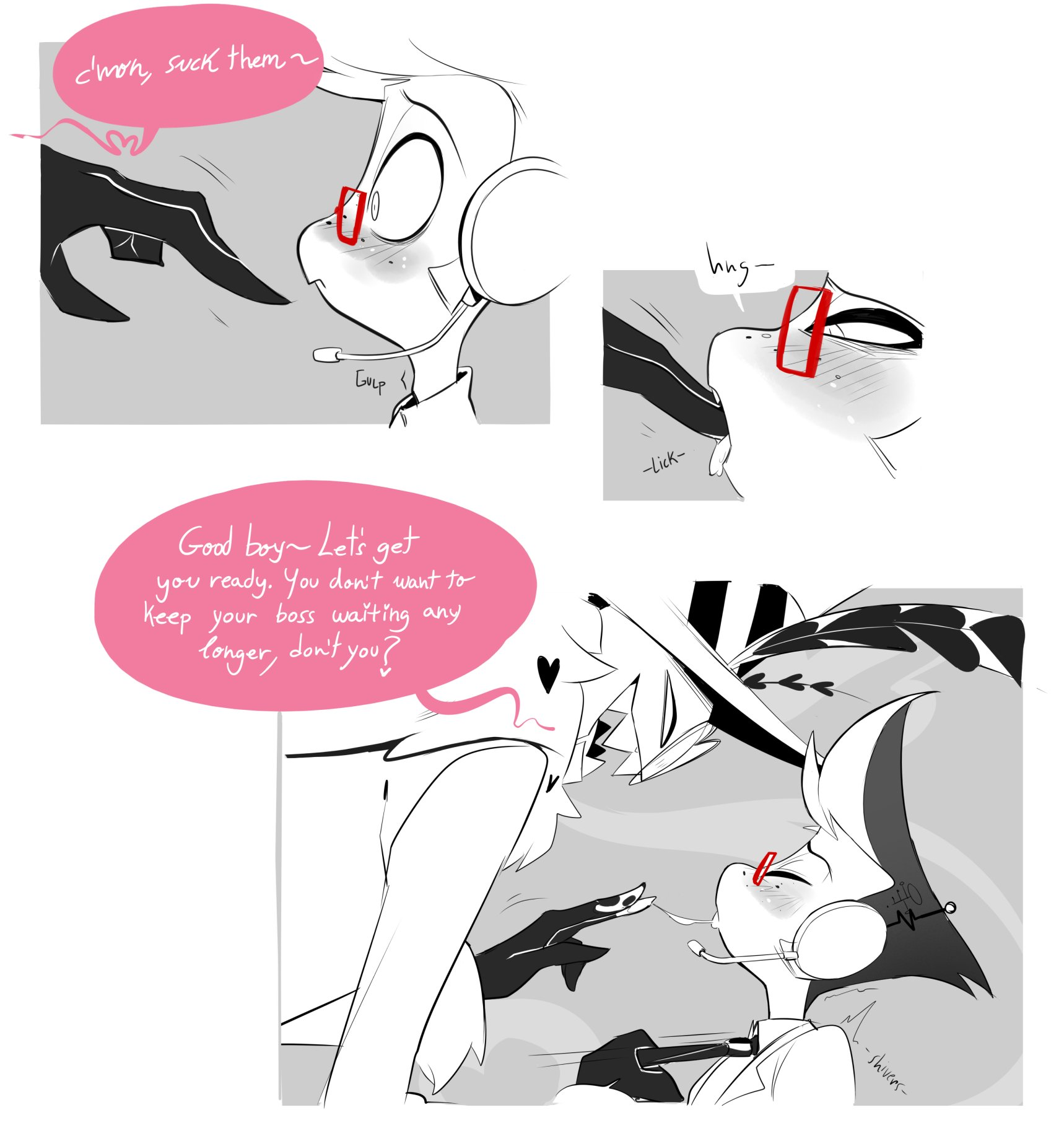 2024, 2boys, artist request, blush, blushing, comic, comic page, demon, demon boy, demon humanoid, english text, gay, glasses, hazbin hotel, humanoid, male, moth, moth humanoid, sucking fingers, tie pull, valentino (hazbin hotel), vox (hazbin hotel), vox's assistant (hazbin hotel)