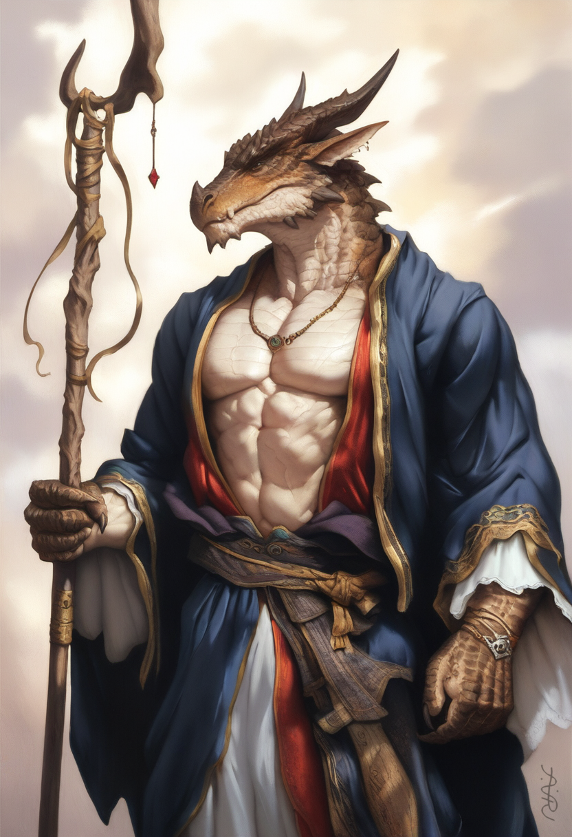 1boy 2024 abs ai_generated anthro avaru claws clothing dragon dragon_horns dragon_humanoid fantasy fantasy_creature mage male male_only muscular muscular_male reptile reptile_boy reptile_humanoid scaled_dragon scales solo staff