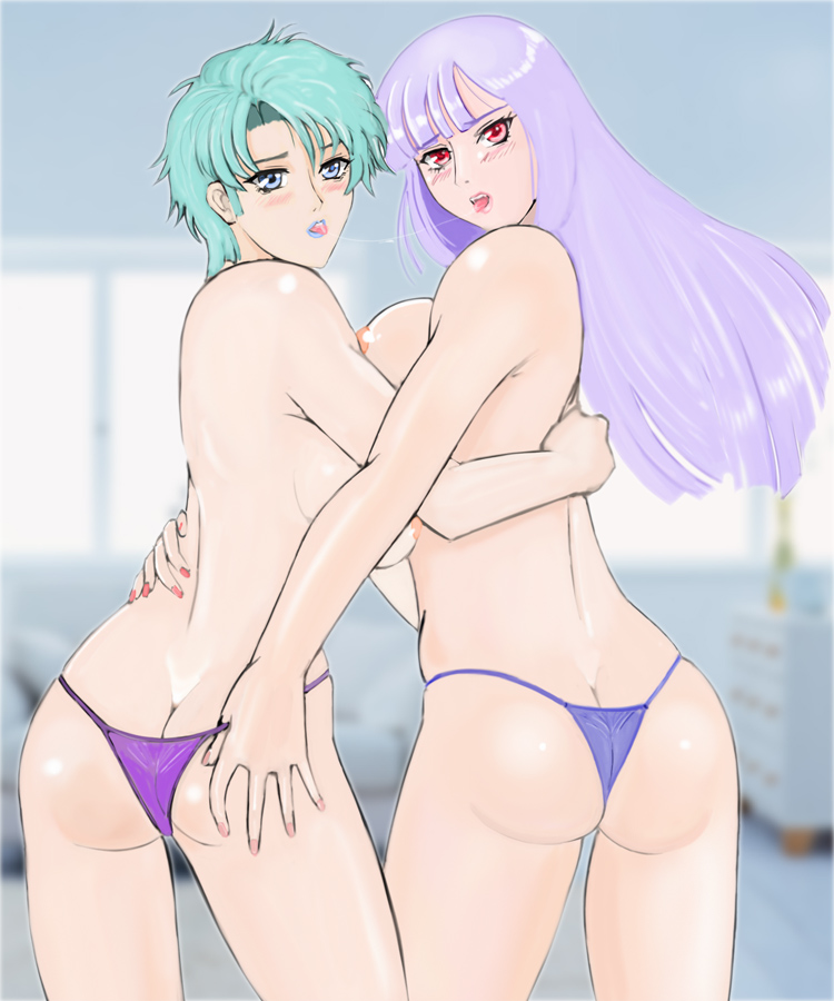 2014 2girls aqua_hair ass blue_eyes blush breasts butt_crack duo female four_murasame french_kiss from_behind green_hair gundam gundam_zz hug human large_breasts lavender_hair light-skinned_female light_skin long_hair looking_at_viewer looking_back momio_(judoroux) multiple_girls nipples panties purple_hair red_eyes roux_louka saliva saliva_trail short_hair thong tongue tongue_out topless wide_hips yuri zeta_gundam