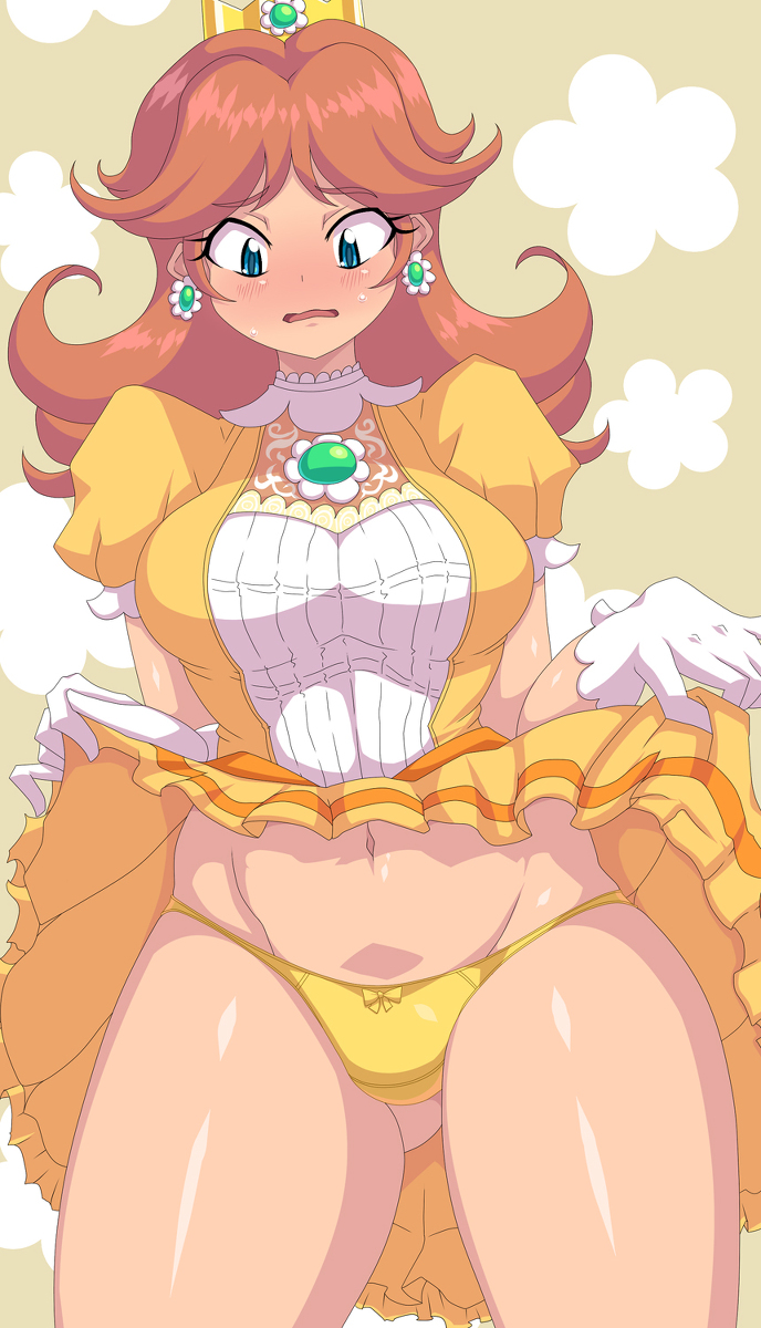 1girls blush bow bow_panties breasts brown_hair clothes_lift crown curvy dress earrings embarrassed flower_earrings gloves kihaiu lifting_own_clothes mario_(series) navel nintendo orange_dress panties plump presenting presenting_panties princess_daisy shirt_lift short_hair solo solo_female solo_focus super_smash_bros. sweat thighs underwear white_gloves yellow_panties