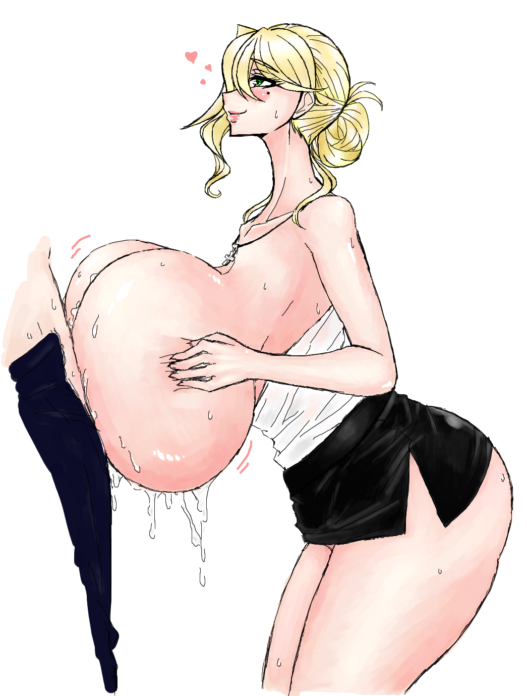 1boy bare_shoulders blonde_hair blush breast_press breasts cum cum_on_breasts female gigantic_breasts green_eyes highres lips male milf miniskirt mole necklace no_bra no_panties no_underwear original paizuri profile psp(3dass) shirt simple_background skirt solo_focus straight sweat white_background