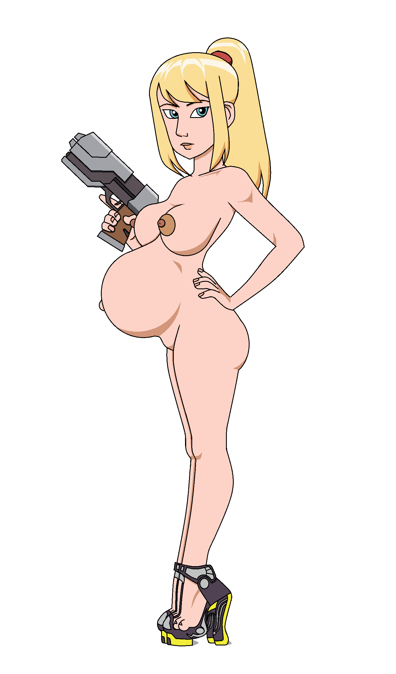 1girls amiwakawaiidesu belly big_belly blonde_hair breasts casual female firearm footwear gun handgun human metroid nintendo nipples pale_skin pregnant samus_aran solo solo_female toes weapon