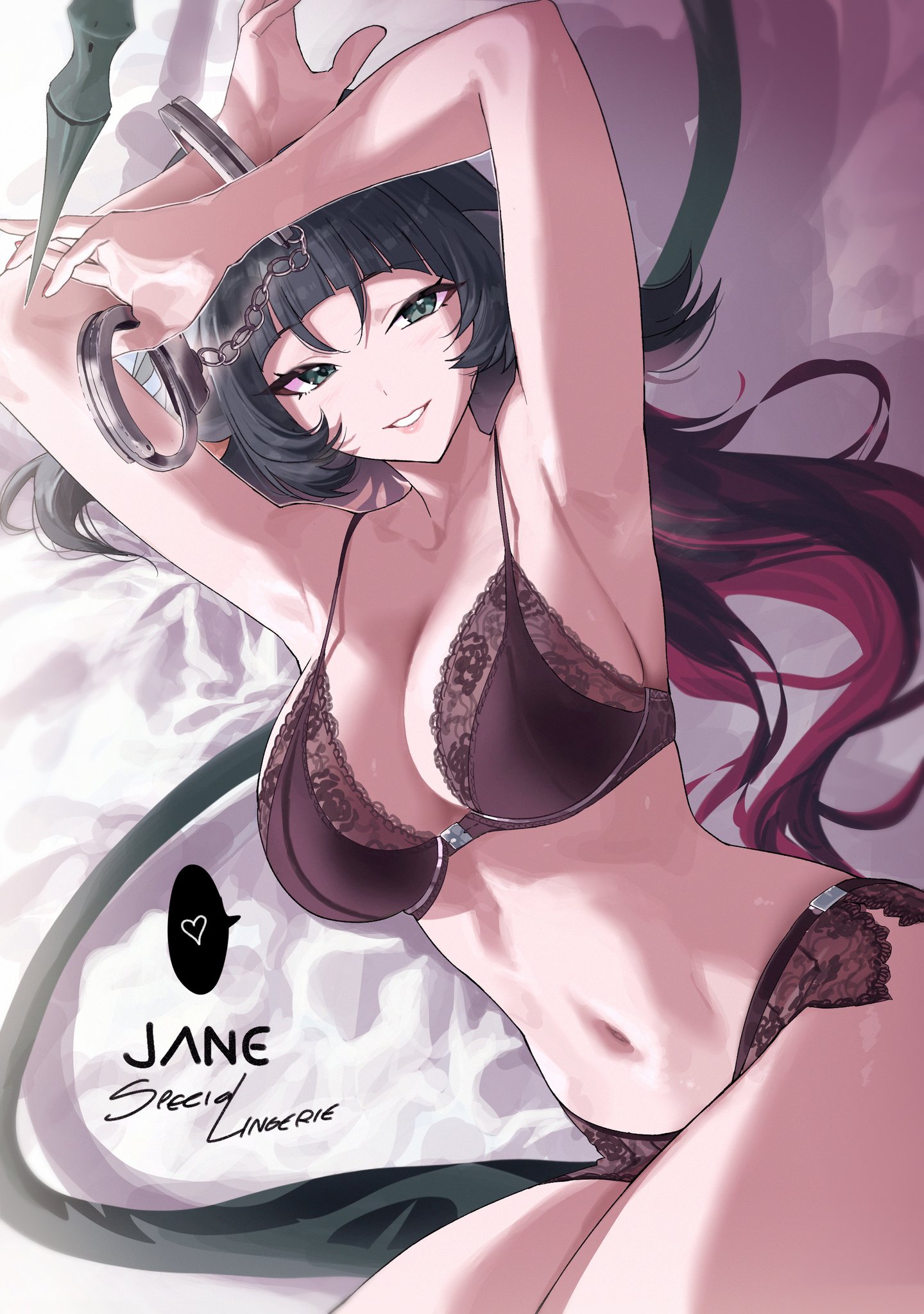 1girls, bed, big breasts, bra, breasts, busty, cleavage, curvy, female, female only, handcuffs, jane doe (zenless zone zero), lingerie, looking at viewer, on back, panties aside, smile, solo, tail, two-tone hair, underwear, vpkmit, zenless zone zero