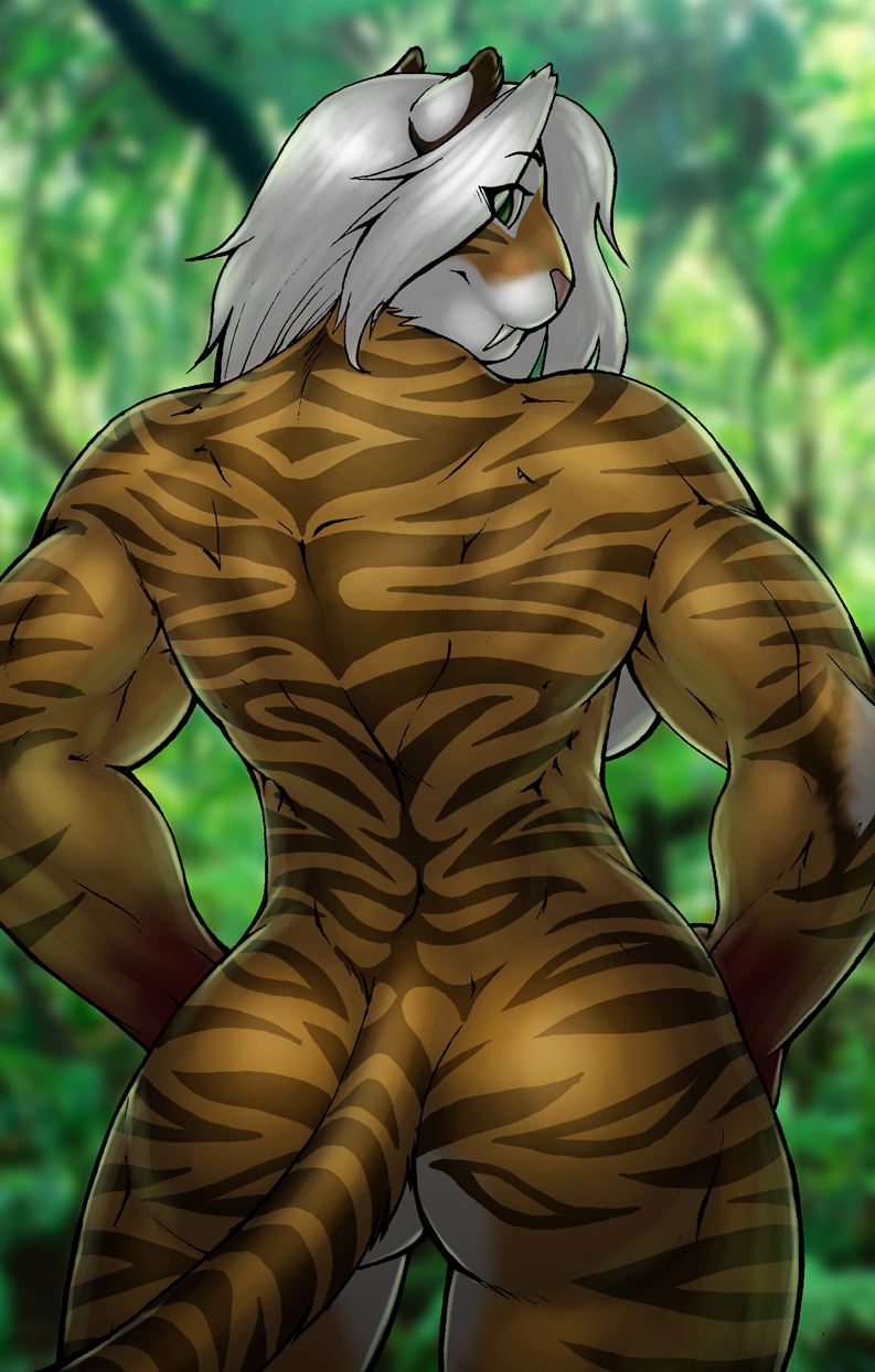 1girls anthro ass back backboob biceps character_request curvy female female_only from_behind furry green_eyes muscular_female nude pose solo source_request strype tail thighs tiger white_hair