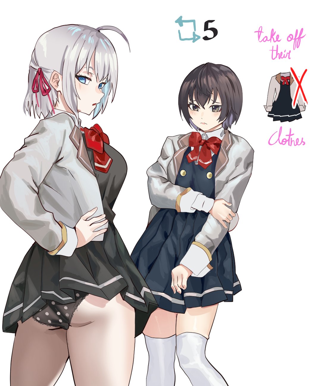 alisa_mikhailovna_kujou ass blue_eyes brown_eyes brown_hair coat hairband kneesocks looking_at_viewer looking_back nervous panties ribbon school_uniform short_hair silver_hair skirt standing strip_game stripgame suou_yuki thighs tokidoki_bosotto_russian_de_dereru_tonari_no_alya-san vest yuki_suou