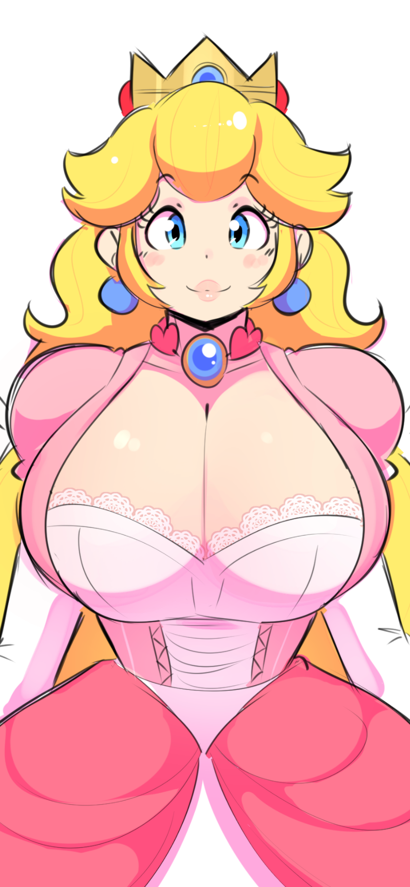 big_boobs big_breasts blonde_hair blue_eyes boobs boobs_bigger_than_head breasts breasts_bigger_than_head cleavage crown dress earrings elbow_gloves gloves jewelry lace lace_bra necklace princess_peach sketch smiling_at_viewer solo super_mario_bros. theycallhimcake underwear white_bra