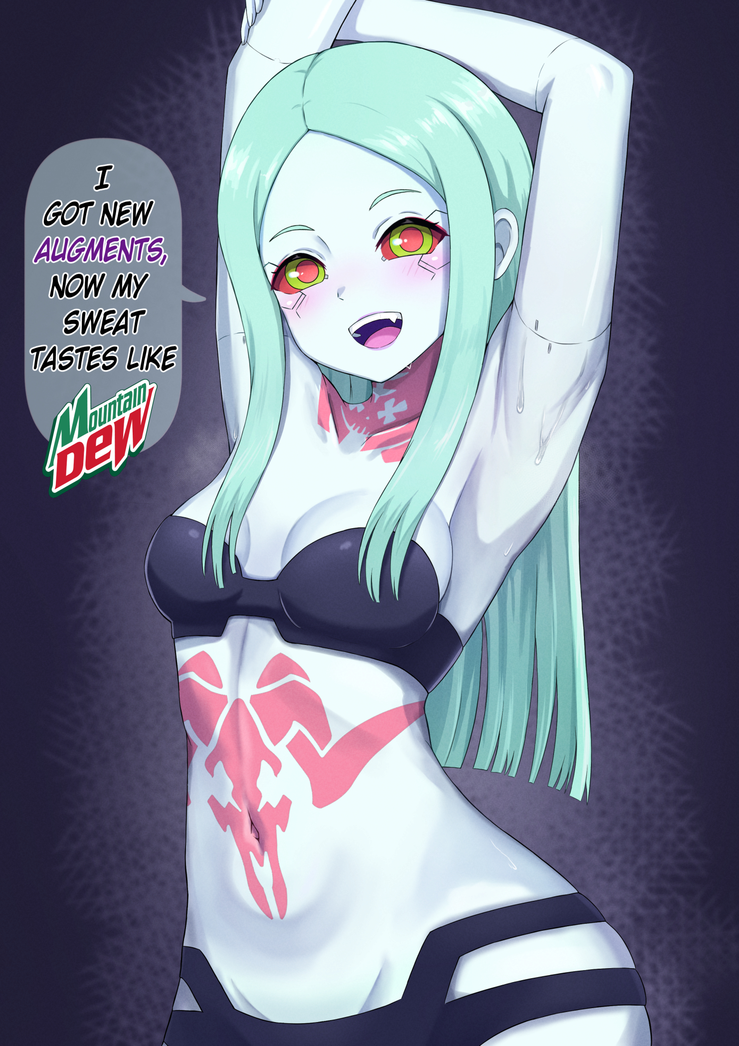 1girls, armpit fetish, armpits, arms up, breasts, clothing, cyberpunk 2077, cyberpunk: edgerunners, english text, female, green hair, hi res, human, long hair, pale skin, petite, petite body, rebecca (edgerunners), sleeptopi, small breasts, sweat