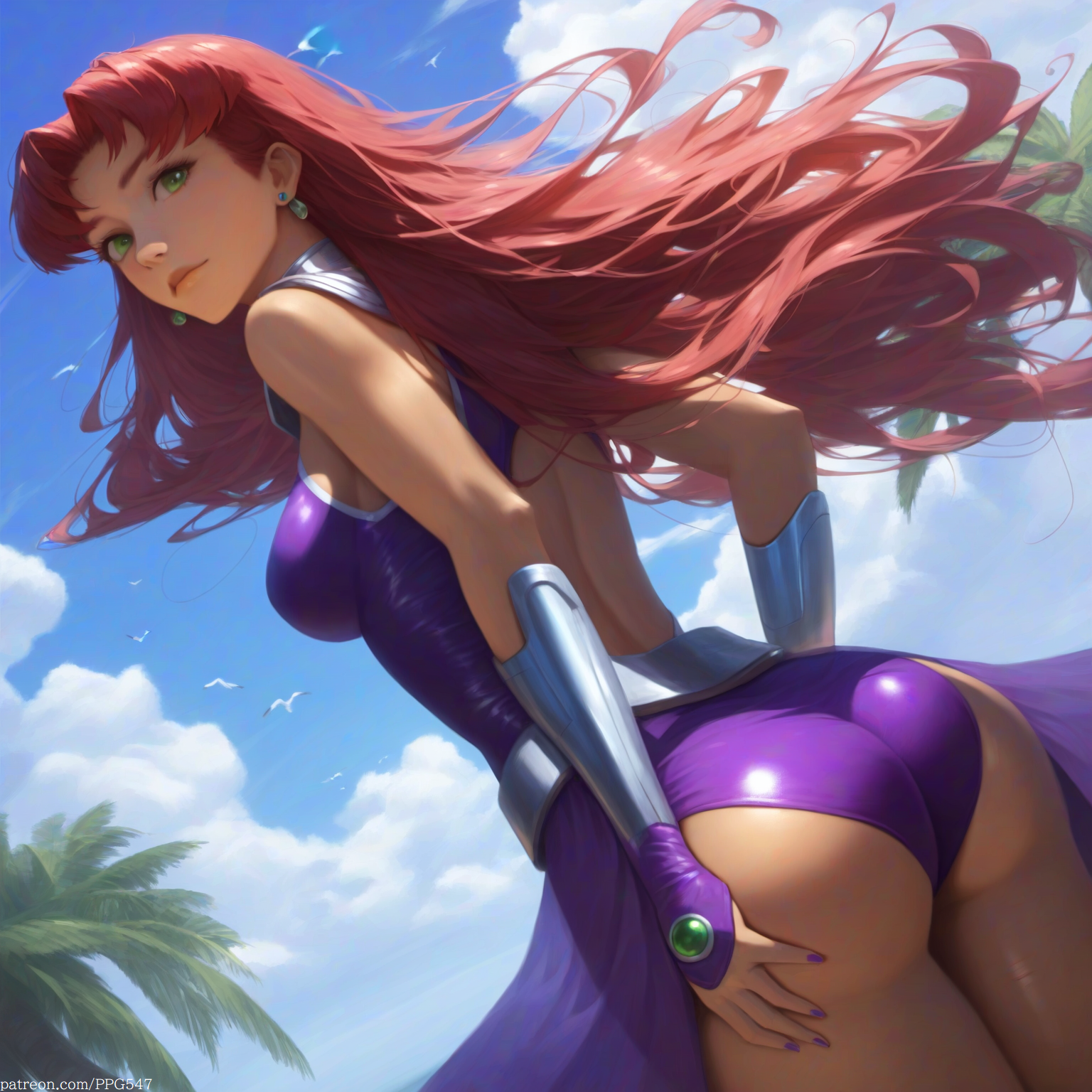 1girls, ai generated, ass, bare back, belt, bubble ass, bubble butt, clothed, clothing, earrings, female, female only, gloves, green eyes, long gloves, looking back, nai diffusion, outdoors, painted nails, parted bangs, pujopg, rear view, red hair, solo, solo female, starfire, teen titans, tight clothing, very long hair