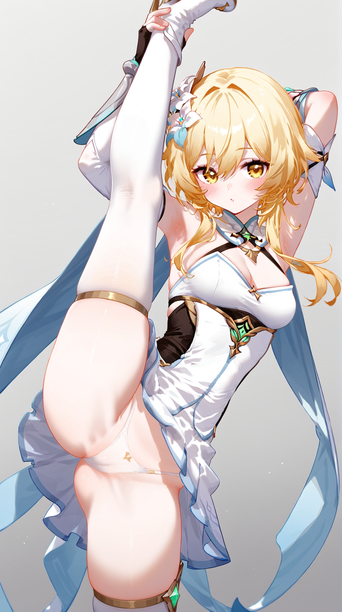 1girls, absurd res, ai generated, arm up, armpits, arms up, bangs, bare shoulders, blush, breasts, cameltoe, cleavage, female, flexible, genshin impact, high heels, leg up, lumine (genshin impact), medium breasts, ministro, panties, pussy, sidelocks, skindentation, sleeveless dress, solo, split, standing, standing on one leg, standing split, string panties, thighhighs, thighs, underwear
