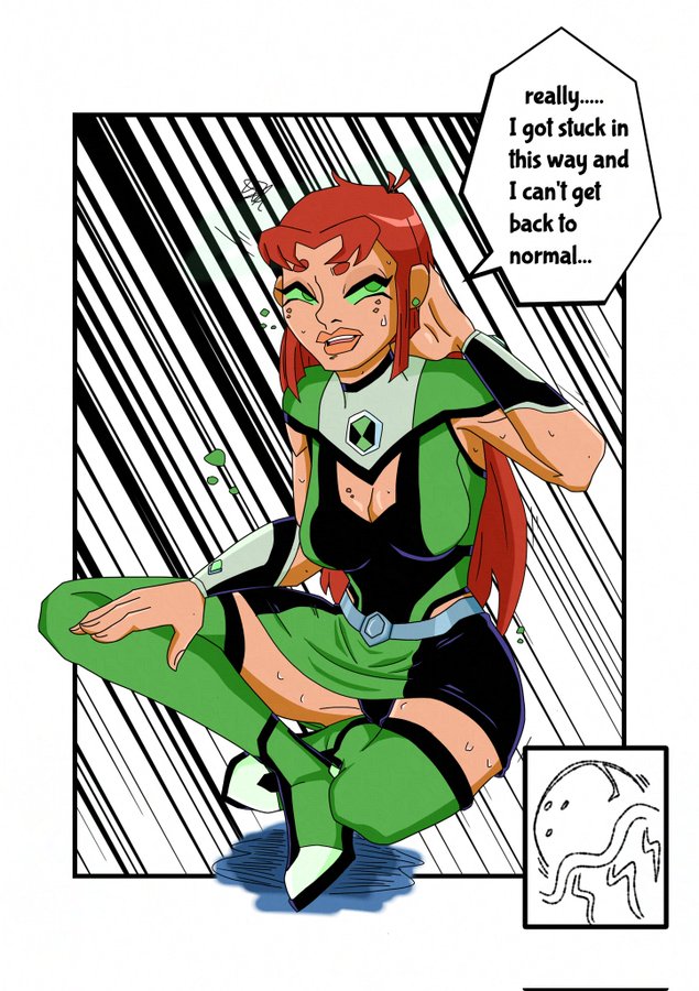 1female 1girl alien_girl ben_10 ben_10_omniverse ben_tennyson benfire boob_window breasts cleavage dc dc_comics dialogue fingering gender_transformation genderswap_(mtf) green_eyes groping jmermelade koriand'r male_to_female omnitrix red_hair sitting sitting_on_floor starfire tagme tamaranean