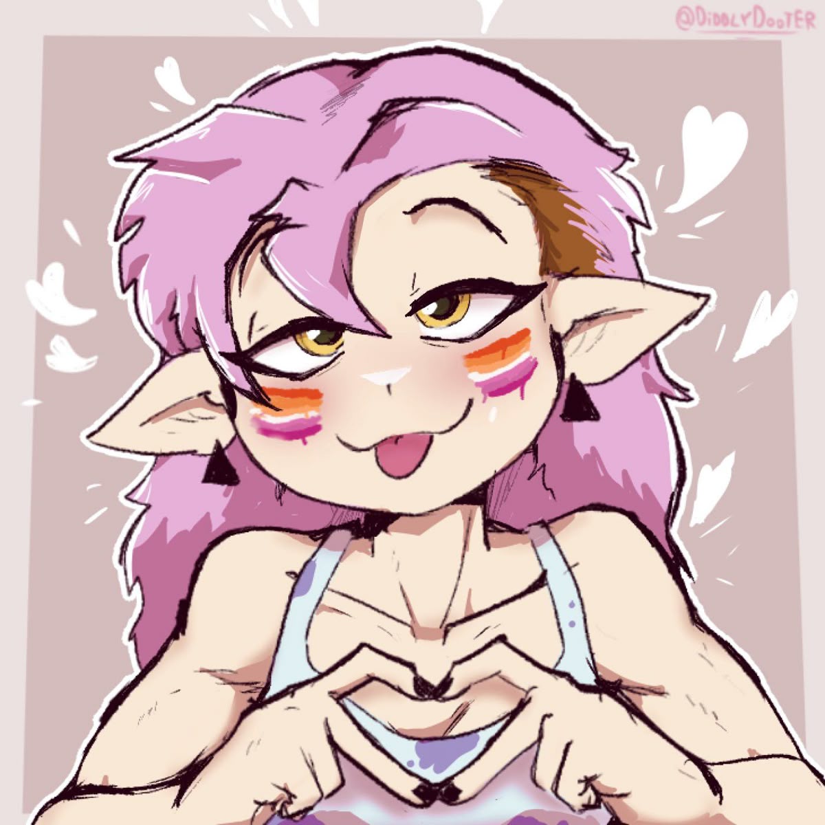 :3, 1girls, 2026, 2d, amity blight, artist name, black nails, breasts, collarbone, crop top, crosseyed, diddlydooter1, dirty clothing, earrings, eyebrows visible through hair, face paint, female, finger heart, flag print, flirting look, flirty expression, flirty eyes, hair between eyes, heart symbol, hearts around head, humanoid, humanoid female, lesbian pride, lesbian pride colors, lgbt pride, light skin, light-skinned female, mugshot, muscular shoulders, non-human, non-human only, pink background, pink hair, pink theme, pink-haired female, playful, playful smile, pointy ears, pov eye contact, pride colors, round face, shoulders, simple background, simple nose, smile, the owl house, thick lineart, thick lines, toned, toned arms, toned female, tongue, tongue out, two-tone hair, white heart (symbol), white hearts, white outline, white topwear, witch (the owl house), yellow eyes, yellow-eyed female, yuri
