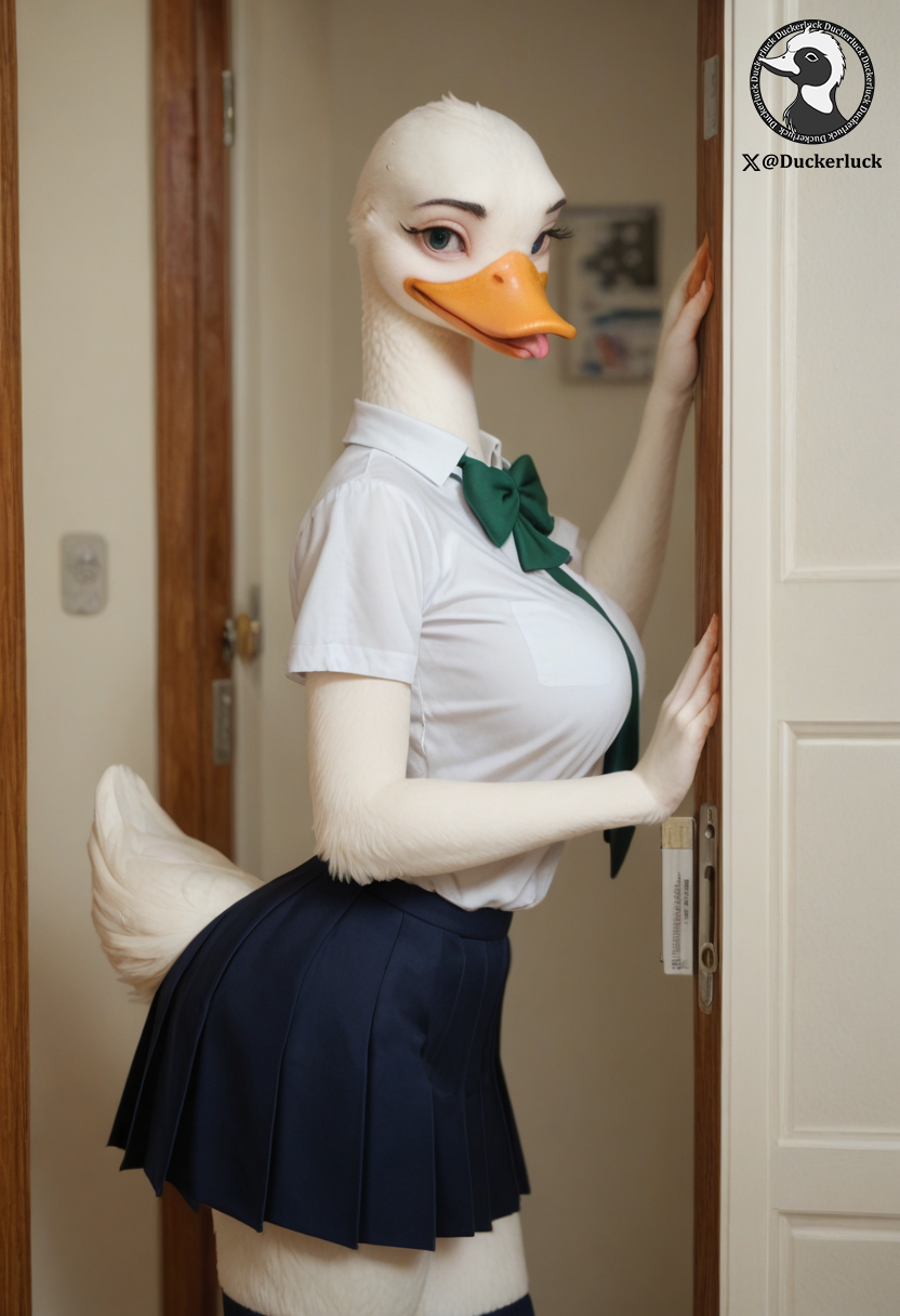 ai_assisted ai_generated alluring anthro avian avian_humanoid beak big_breasts busty duck duck_girl duckerluck feathers furry furry_female goose realistic schoolgirl_outfit schoolgirl_uniform tongue_out