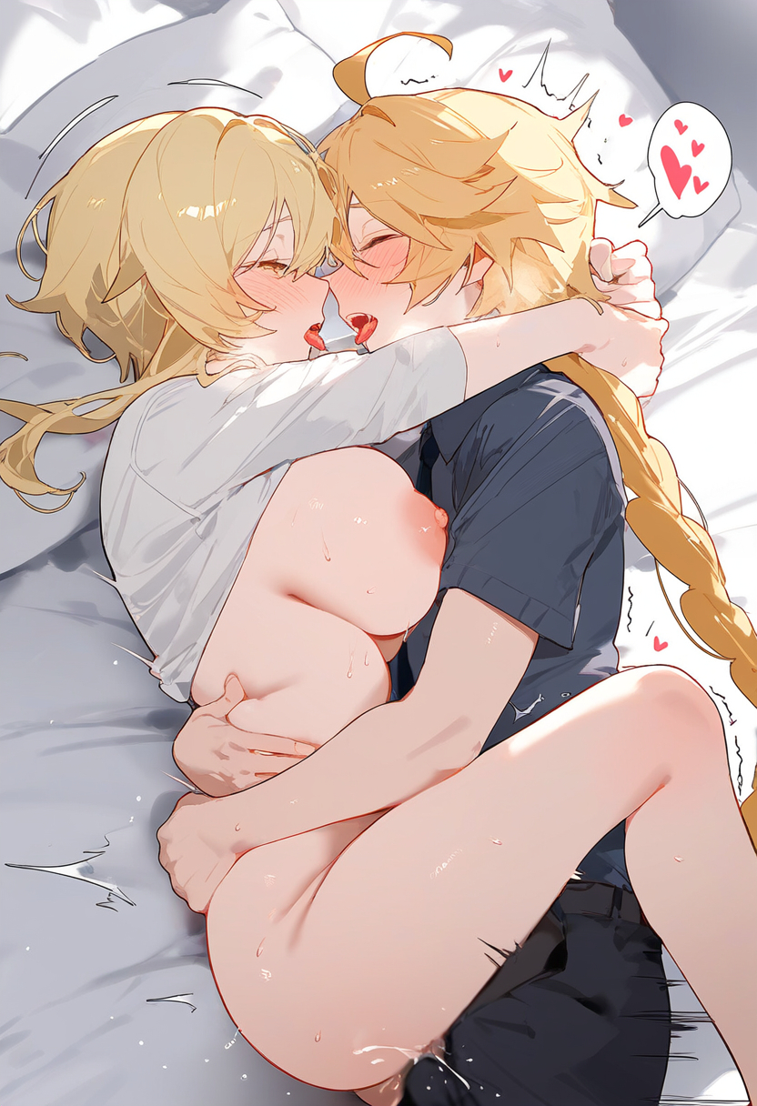1boy, 1girls, aether (genshin impact), ai generated, blonde hair, blush, brother and sister, female, genshin impact, horny female, hugging, incest, lumine (genshin impact), male, mihoyo, pleasure face, sex, straight
