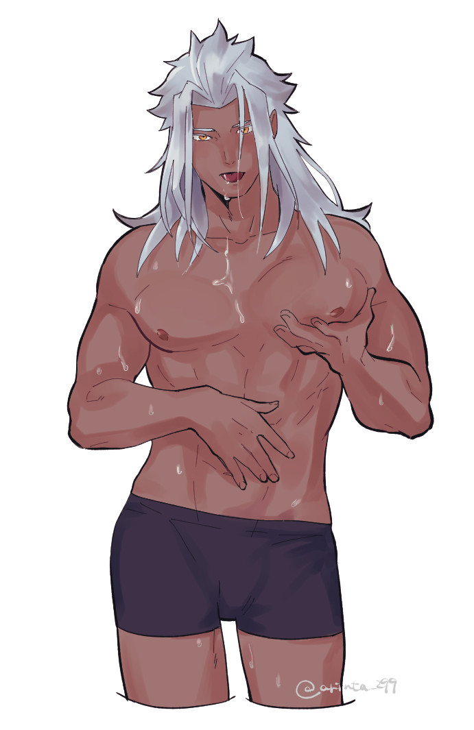 1boy abs arinta black_male_underwear boxer_briefs cum cum_in_mouth cum_on_tongue dark-skinned_male dark_skin grey_hair implied_yaoi kingdom_hearts kingdom_hearts_ii large_pectorals long_hair looking_at_viewer male_focus male_underwear muscular muscular_male nipples orange_eyes pectorals pointy_ears solo_male sweat tongue tongue_out topless_male underwear white_background xemnas