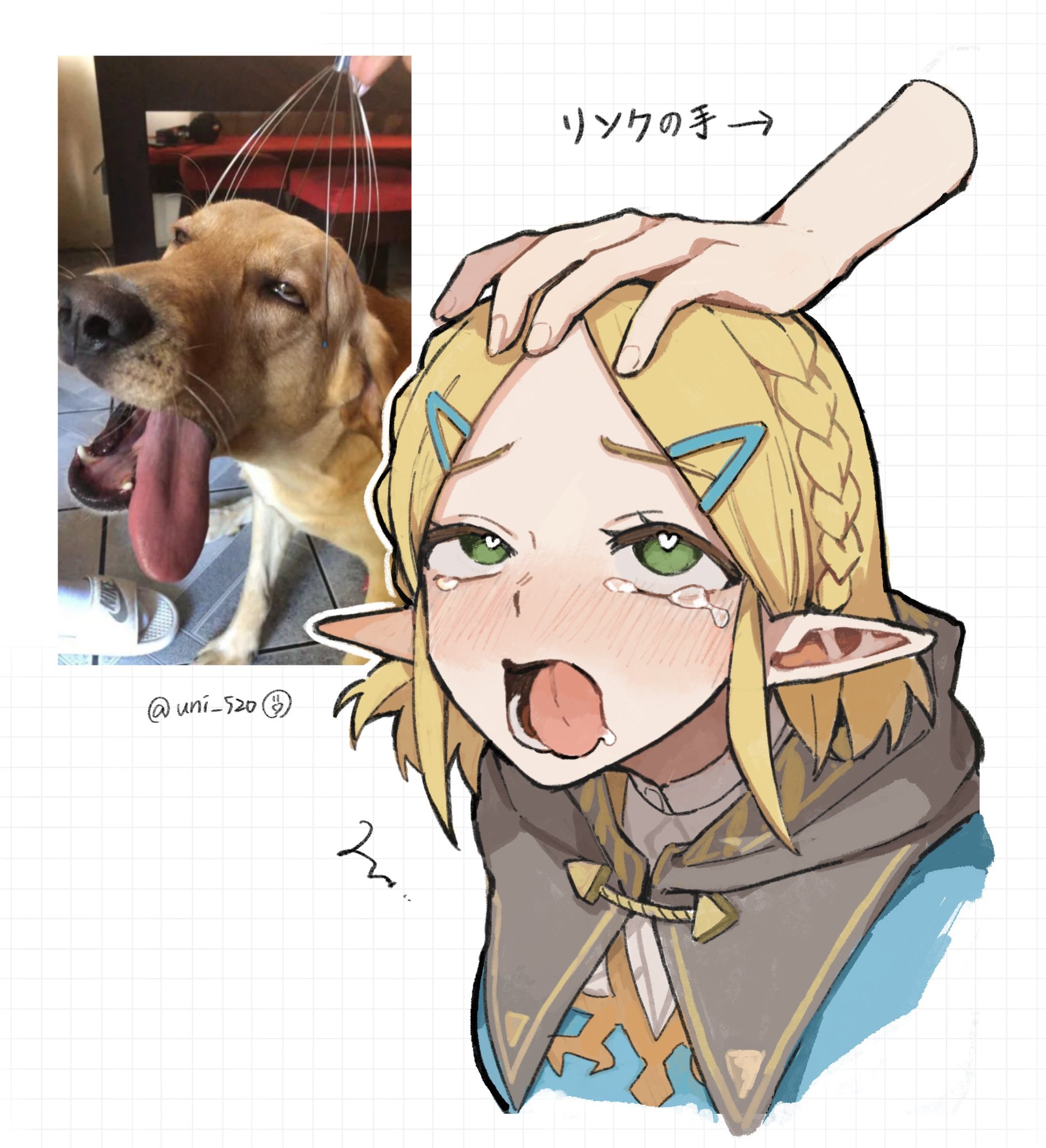 1girls, ahe gao, blonde hair, blush, elf ears, female, green eyes, headpat, heart-shaped pupils, japanese text, link, nintendo, petted silly, princess zelda, reference image, rolling eyes, tears, tears of the kingdom, the legend of zelda, tongue, tongue out, uncommon stimulation, uni 520, zelda (tears of the kingdom)