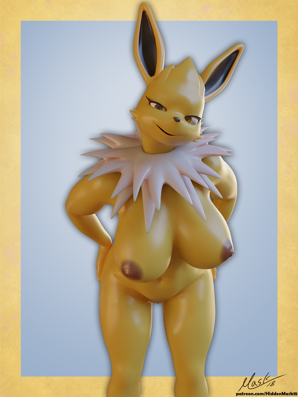 3d_(artwork) anthro anthrofied areola blender_(artwork) breasts digital_media_(artwork) eeveelution female generation_1_pokemon genitals hi_res hiddenmask18 jolteon navel nintendo non-human_areolae nude pokemon pokemon_(species) pokemorph pussy solo text url