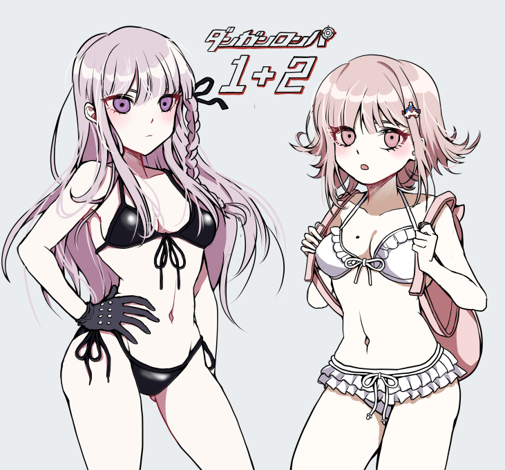 2girls bikini black_bikini blush braid danganronpa danganronpa:_trigger_happy_havoc danganronpa_2:_goodbye_despair female female_only gloves hair_ribbon hairclip hand_on_hip kirigiri_kyouko long_hair mole mole_on_breast n0_image nanami_chiaki pink_hair purple_hair ribbon short_hair white_bikini