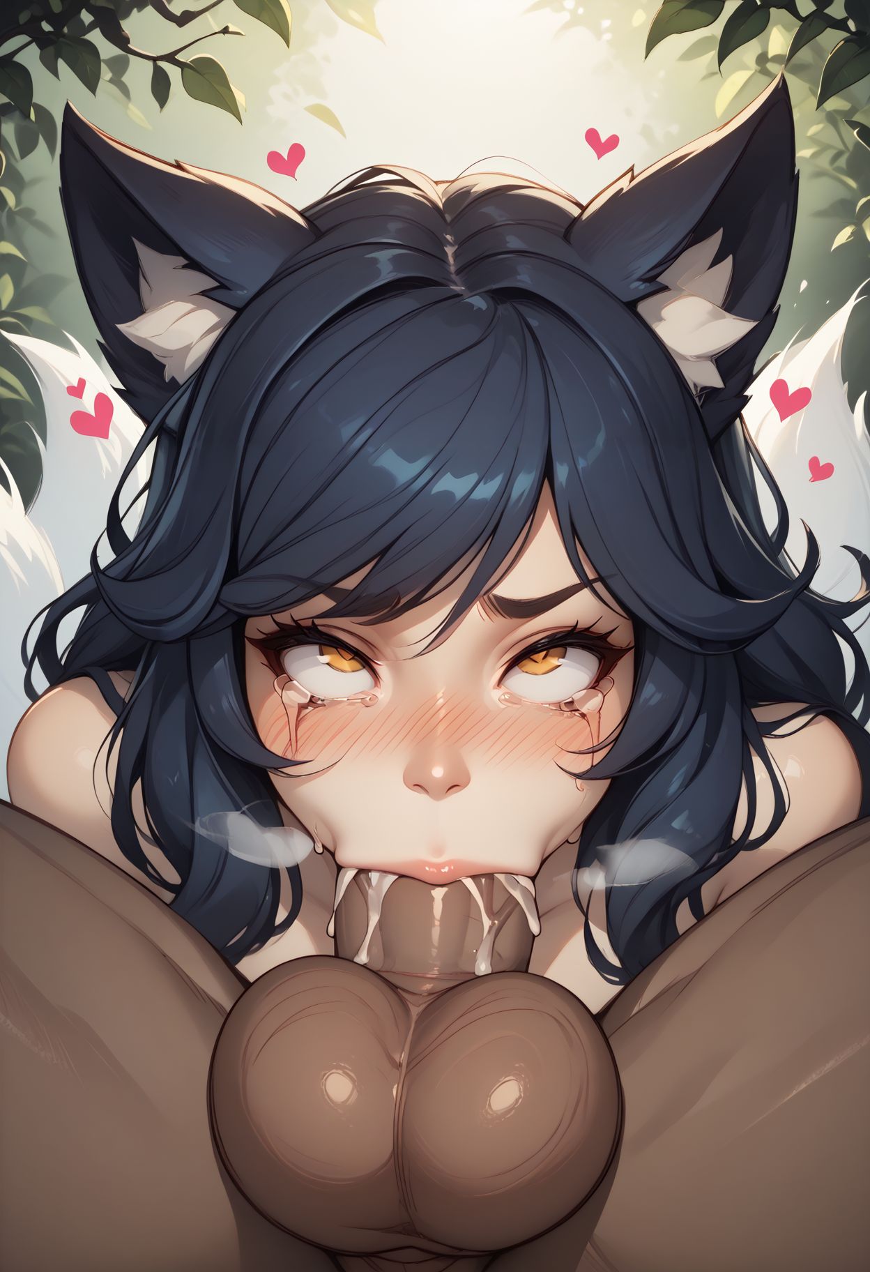 1boy ahri ai_generated animal_ears bangs black_hair blush breasts cum cum_in_mouth cute dark-skinned_male dark_skin deepthroat fellatio female fox_ears fox_girl fox_tail heart huge_ass huge_breasts interracial juswa large_ass large_breasts league_of_legends long_hair looking_at_viewer nude oral overflow penis pov rolling_eyes saliva solo_focus straight tail tears testicles thicc thick_thighs thighs uncensored whisker_markings yellow_eyes