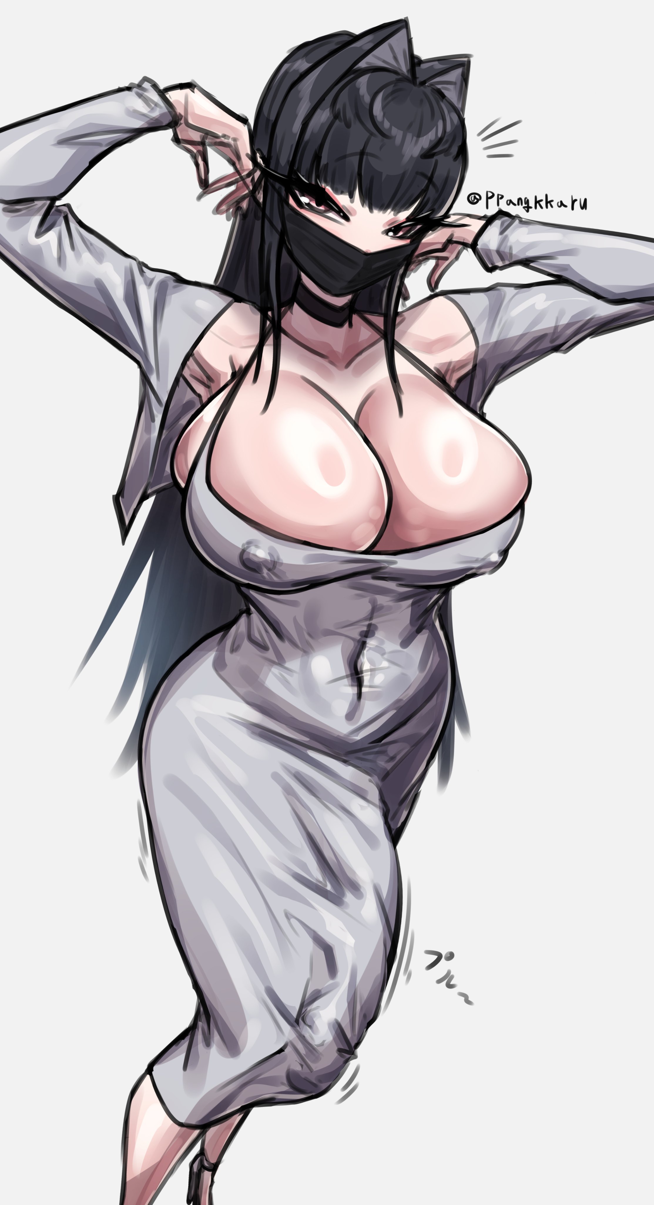 1futa, 2d, balls, big breasts, big penis, black hair, breasts, bulge, bulge through clothing, bulge under dress, clothed, clothing, dress, erection, erection under clothes, full color, fully clothed, futa only, futanari, high-angle view, huge cock, human, intersex, light skin, light-skinned futa, mask, masked futa, nipple bulge, no bra, no penetration, nude, penis, ppangkkaru, solo, standing