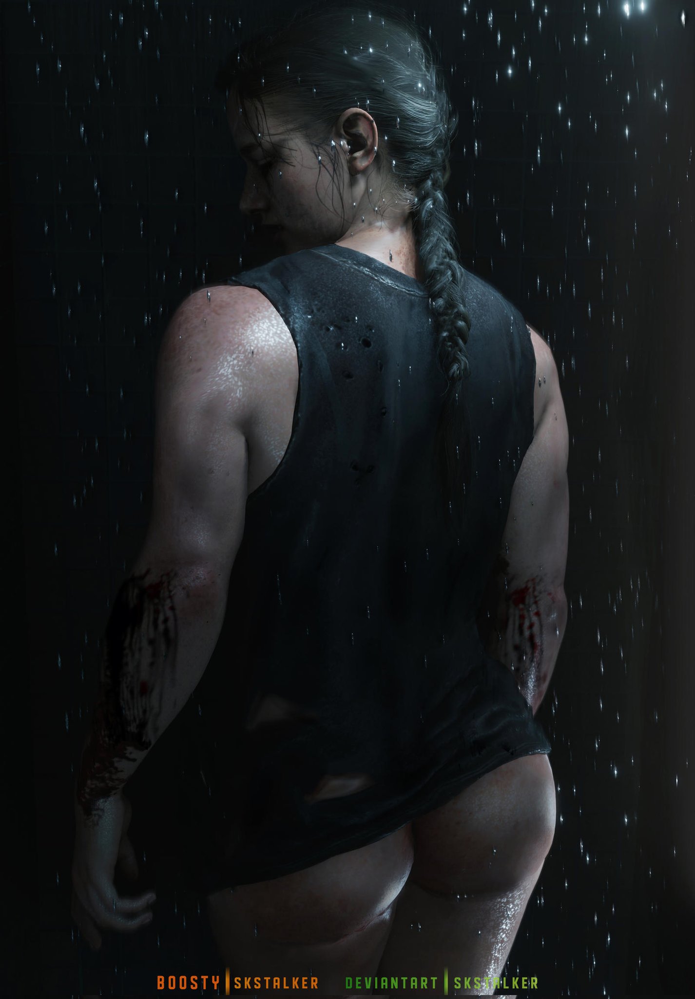 1girls, 3d, abigail anderson, ass, back view, big ass, blood, bottomless, braid, braided hair, braided ponytail, female, female only, muscular, muscular female, ponytail, raining, realistic, shirt, skstalker, solo, solo female, the last of us, the last of us 2, wet skin