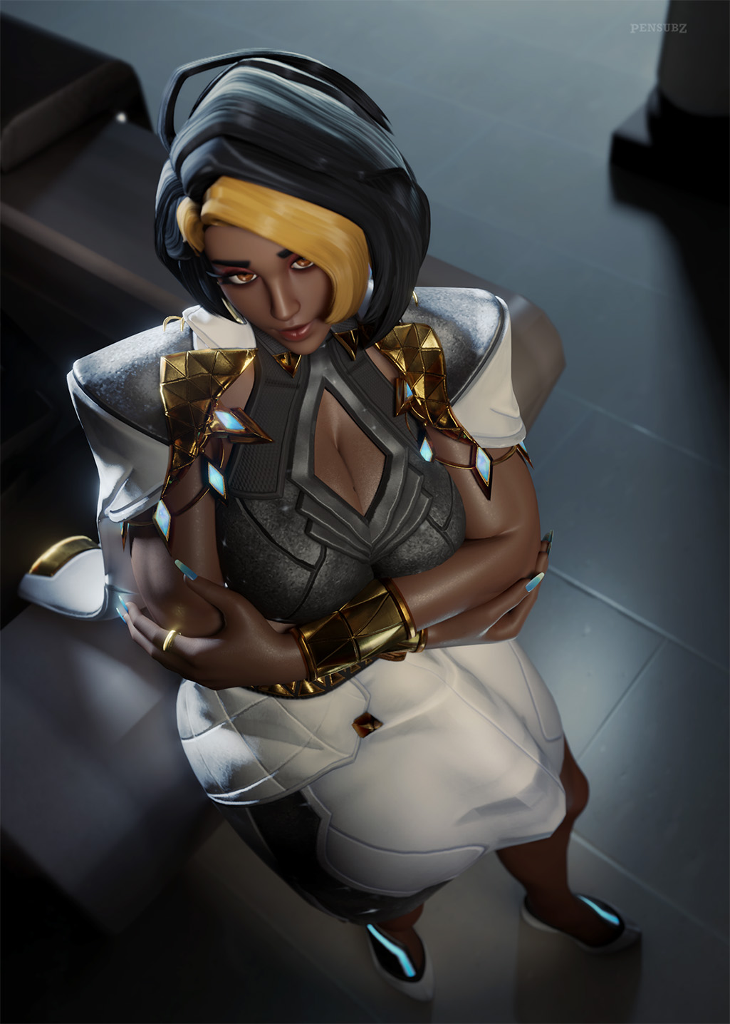 1futa, 3d, 3d (artwork), blizzard entertainment, boner, boner in pants, boner under clothes, brown eyes, brown skin, buldge, dark-skinned futa, domina, erection under clothes, fully clothed, futa only, futanari, heels, large breasts, looking at viewer, overwatch, overwatch 2, pensubz, skirt, solo futa, vaira singhania