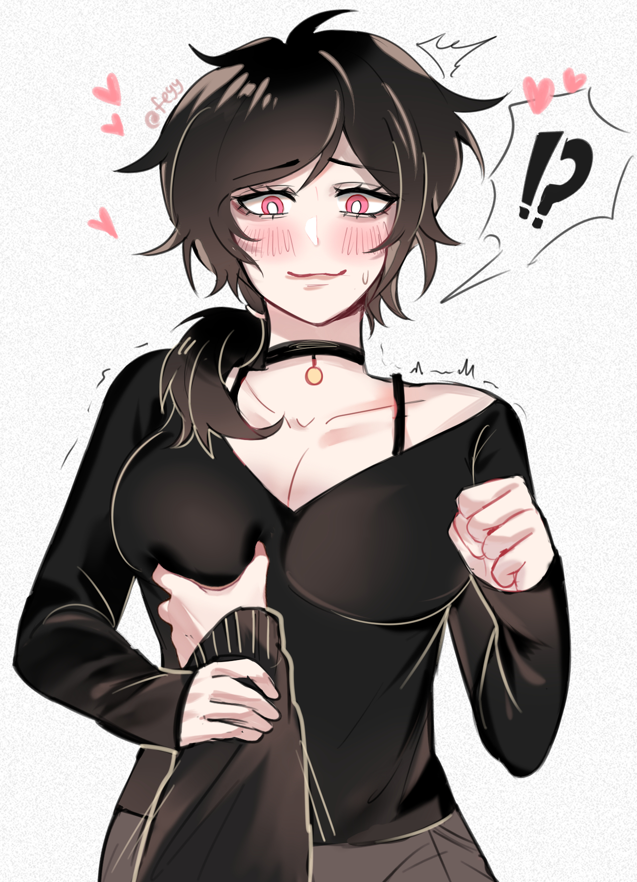 1boy, 1girls, 2d, andrew graves, ashley graves, black hair, blush, bra strap, breast grab, breasts, brother and sister, choker, cleavage, clothed, female, feyy, groping, groping breasts, holding arm, incest, male, pink eyes, ponytail, pov, siblings, squeezing breast, straight, surprised, the coffin of andy and leyley