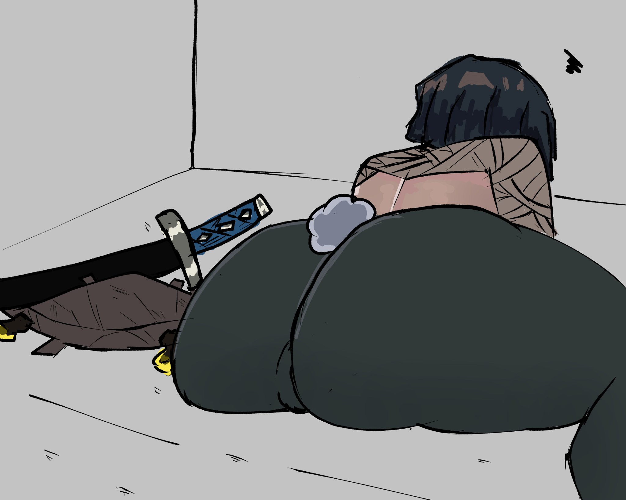 1girl, 1girls, ass, ass bigger than head, ass focus, back, back view, bandage, big ass, black hair, bunny tail, cameltoe, female, female focus, female only, limbus company, massive ass, project moon, pussy, pussy visible through clothes, ryoshu (limbus company), short hair, solo, solo female, solo focus, tagme, tight anus, tight clothing, tights, tsutsunotsumi