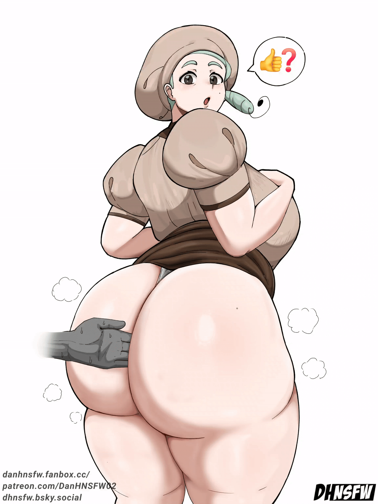 1girl, 1other, ass, ass bigger than head, between buttocks, breasts, danhnsfw, game freak, grey body, highres, huge ass, katy (pokemon), large breasts, nintendo, panties, pokemon, pokemon scarlet and violet, pokemon sv, sweat, underwear, white background